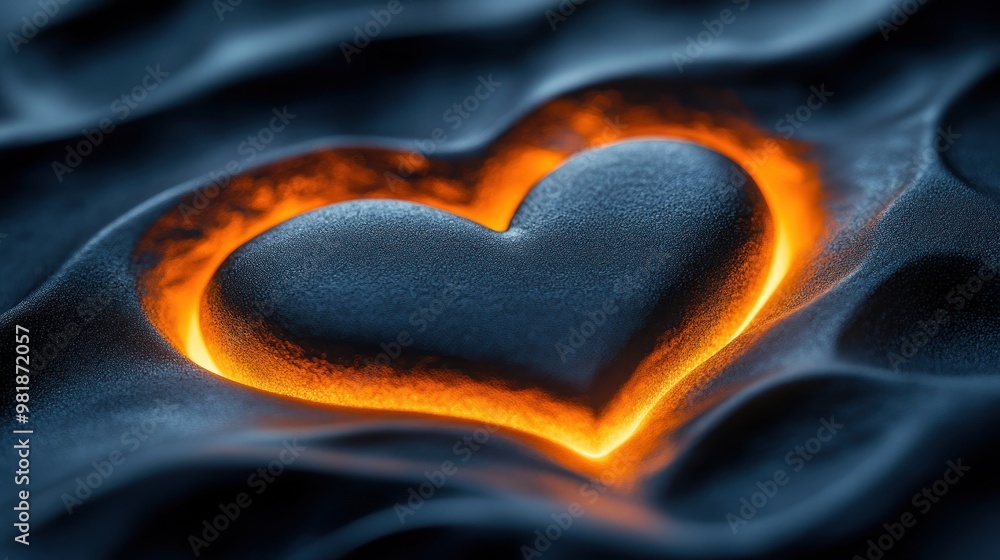 A glowing heart shape embedded in textured dark material. A glowing heart shape embedded in textured dark material.