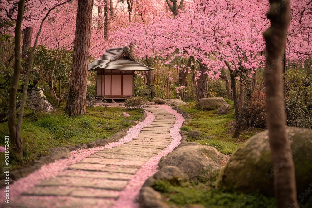 Tranquil Cherry Blossom Garden Path with Pagoda in Spring Scenery Tranquil Cherry Blossom Garden Path with Pagoda in Spring Scenery
