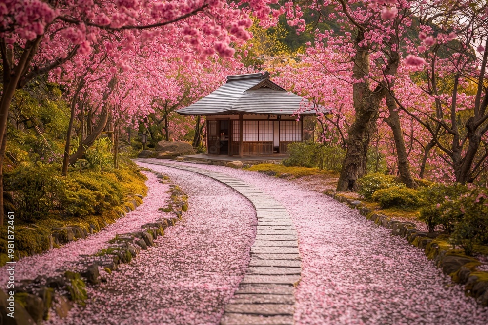 Tranquil Cherry Blossom Garden with Pavilion in Japanese Landscape Tranquil Cherry Blossom Garden with Pavilion in Japanese Landscape