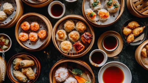 A beautifully plated salapao and dim sum assortment, featuring pork buns, shrimp dumplings, and siu mai, with chopsticks and dipping sauces on the side. photo