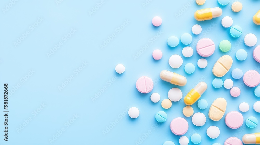 Colorful Pills and Capsules on Blue Background Colorful Pills and Capsules on Blue Background