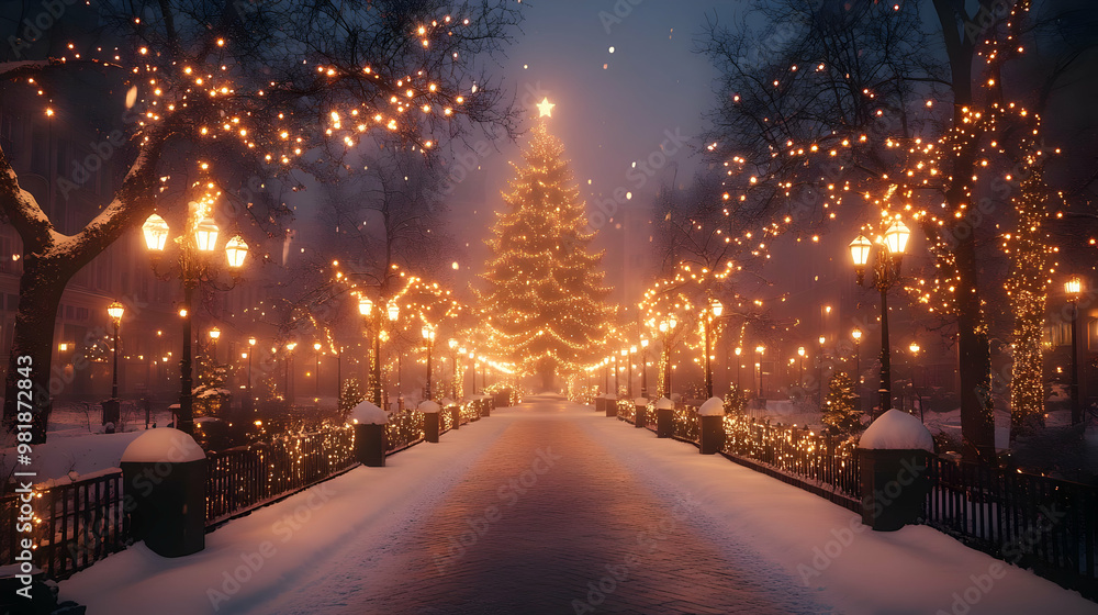 Winter Wonderland with a Christmas Tree: Snowy Night Scene with Lights Winter Wonderland with a Christmas Tree: Snowy Night Scene with Lights