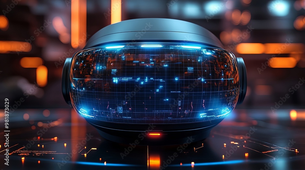 A futuristic helmet with a glowing blue digital display, reflecting the neon glow of its surroundings A futuristic helmet with a glowing blue digital display, reflecting the neon glow of its surroundings