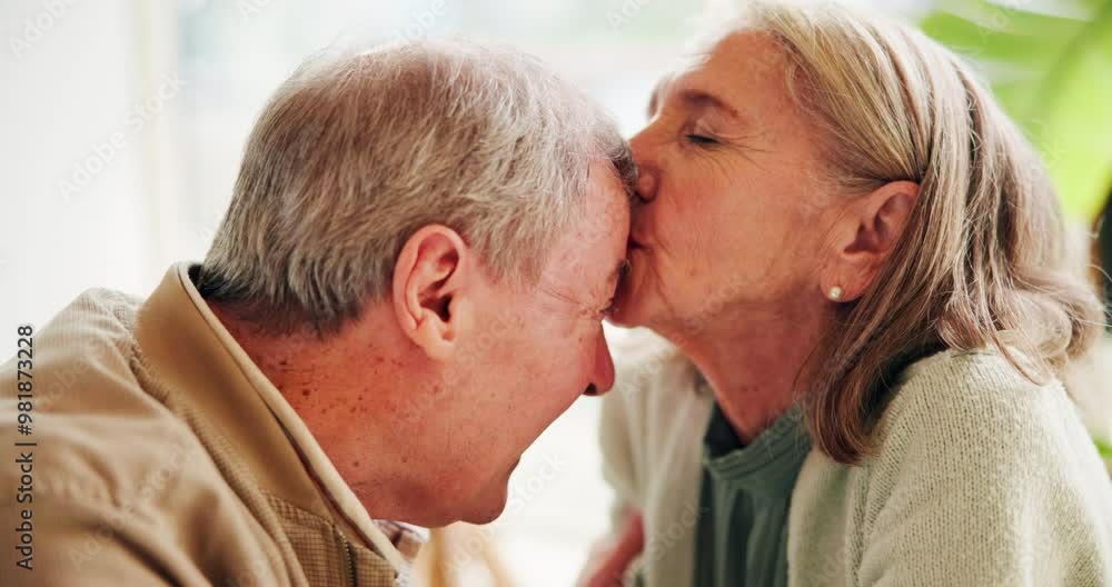Elderly couple, happy and kiss with smile in home for marriage, love and bonding together. Senior man, woman and affection with communication in house for connection, care and romance in retirement Elderly couple, happy and kiss with smile in home for marriage, love and bonding together. Senior man, woman and affection with communication in house for connection, care and romance in retirement