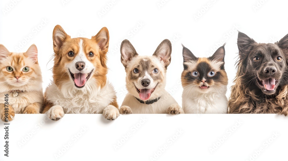 Group of Happy Pets Holding Blank Sign Cute Dogs and Cats White Background Group of Happy Pets Holding Blank Sign Cute Dogs and Cats White Background