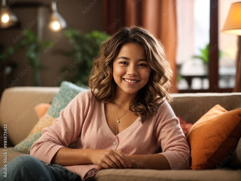 Obraz premium Happy cute girl sitting on sofa at home