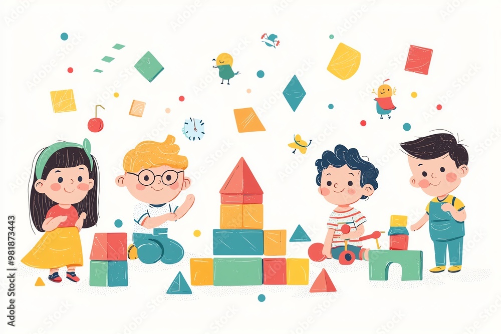 Happy Children Playing with Colorful Building Blocks – A Cheerful Illustration of Creativity, Fun, and Early Childhood Development in a Playful Environment Happy Children Playing with Colorful Building Blocks – A Cheerful Illustration of Creativity, Fun, and Early Childhood Development in a Playful Environment