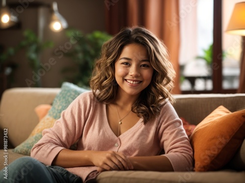 Happy cute girl sitting on sofa at home