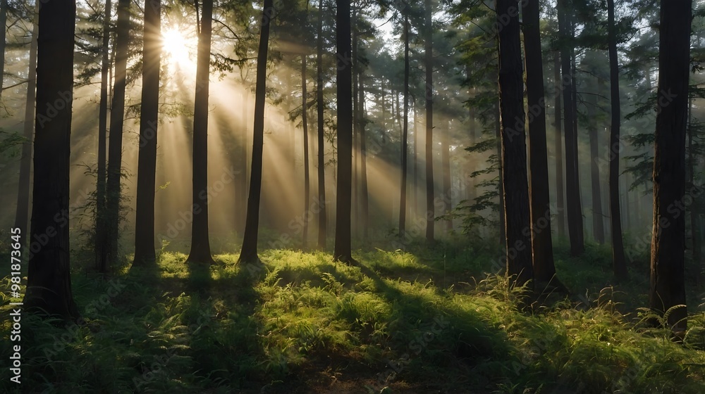Sunlight Streaming Through Tall Trees in a Lush Forest During Early Morning Hours Sunlight Streaming Through Tall Trees in a Lush Forest During Early Morning Hours