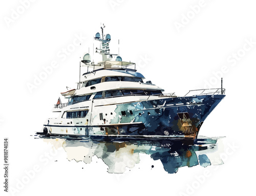 Watercolor illustration of a luxury yacht with blue and white hull, isolated on white background