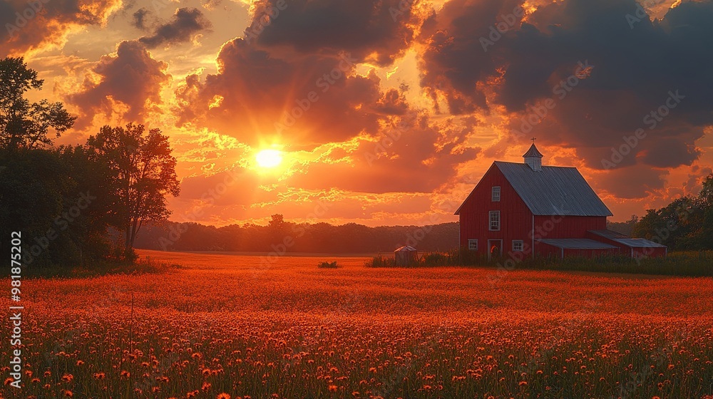 A red barn stands in a field of wildflowers, bathed in the warm glow of a setting sun, with a dramatic sky filled with fluffy clouds A red barn stands in a field of wildflowers, bathed in the warm glow of a setting sun, with a dramatic sky filled with fluffy clouds