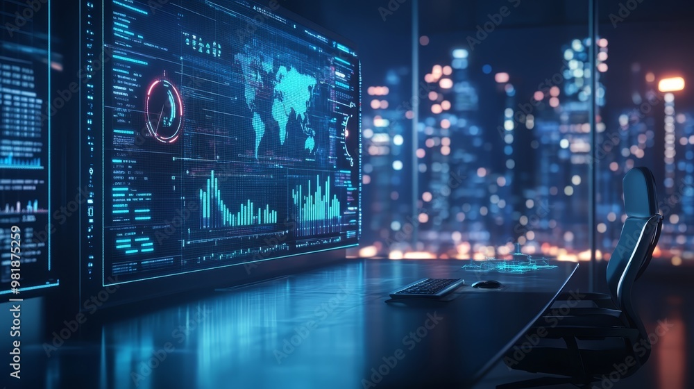 Futuristic Interface with World Map and Data Charts on Large Screen in Modern Office Futuristic Interface with World Map and Data Charts on Large Screen in Modern Office