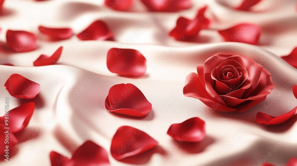 Red Rose and Petals on Satin Fabric Red Rose and Petals on Satin Fabric