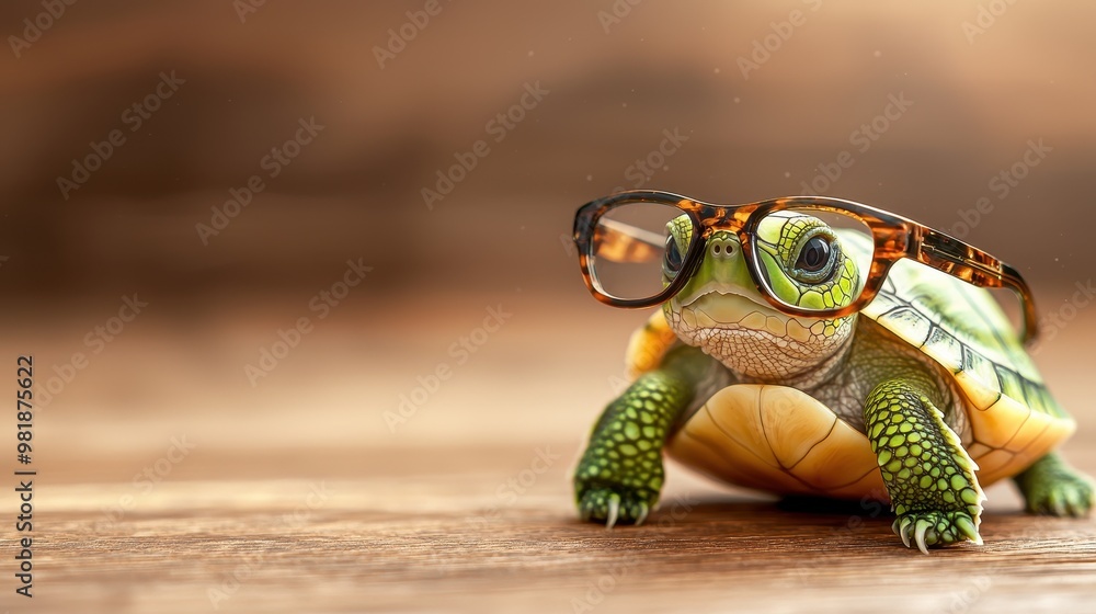 Cute Turtle Wearing Glasses on Wooden Background Cute Turtle Wearing Glasses on Wooden Background