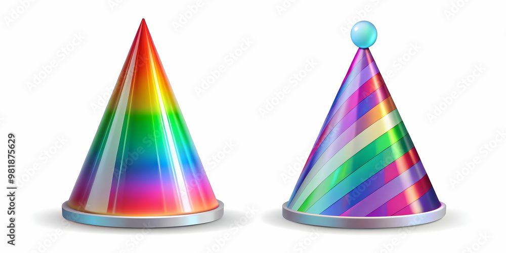 Flat Close-Up of Holographic Party Hat: Macro Shot Showcasing Colorful Designs on White Background, Perfect for Christmas Celebration Themes in Vector Style Flat Close-Up of Holographic Party Hat: Macro Shot Showcasing Colorful Designs on White Background, Perfect for Christmas Celebration Themes in Vector Style