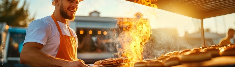 Fototapeta premium Happy Chef Grilling Food on Open Flame at Outdoor Food Stand