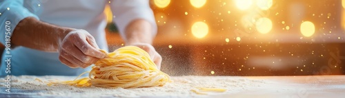 Fresh Homemade Pasta with Flour Dust and Bokeh Lights photo