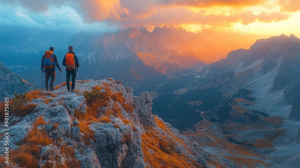 Hikers at Sunrise Over Majestic Mountain Range Generative AI Hikers at Sunrise Over Majestic Mountain Range Generative AI