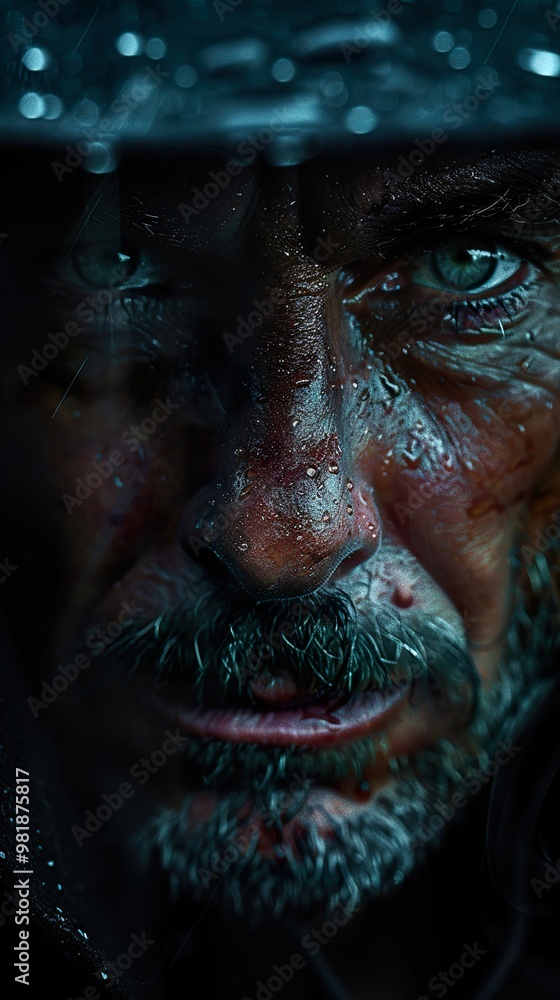 Intense Close-Up Portrait of a Man in the Rain Intense Close-Up Portrait of a Man in the Rain