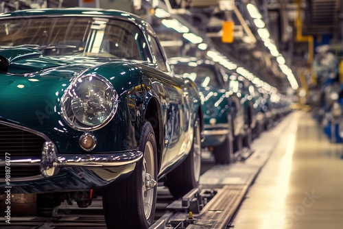 Classic vintage cars on an assembly line, showcasing automotive craftsmanship in a modern factory environment.