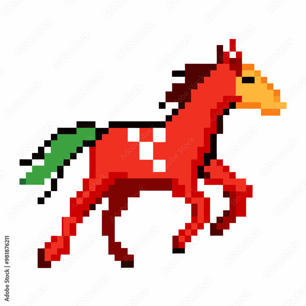 Fototapeta premium Retro Pixel Art Horse Vibrant Red Design with Green Details and Orange Mane