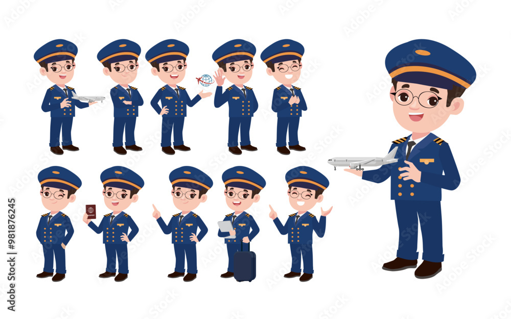 Airline pilot with different poses. vector