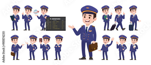 Airline pilot with different poses. vector