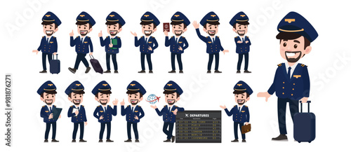 Airline pilot with different poses. vector