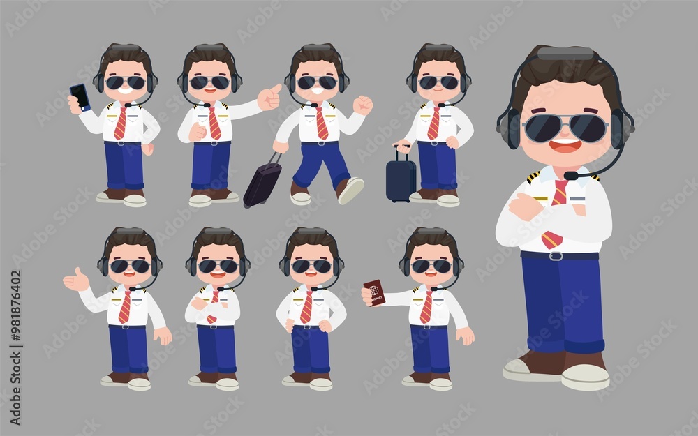 Airline pilot with different poses. vector