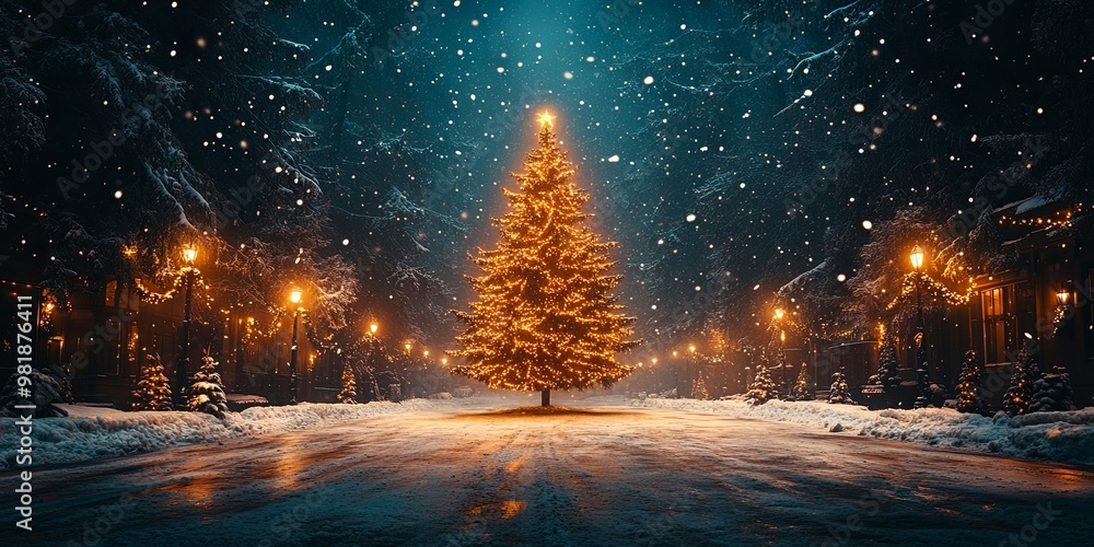 A Snowy Night with a Majestic Christmas Tree Illuminating a Quiet Street A Snowy Night with a Majestic Christmas Tree Illuminating a Quiet Street