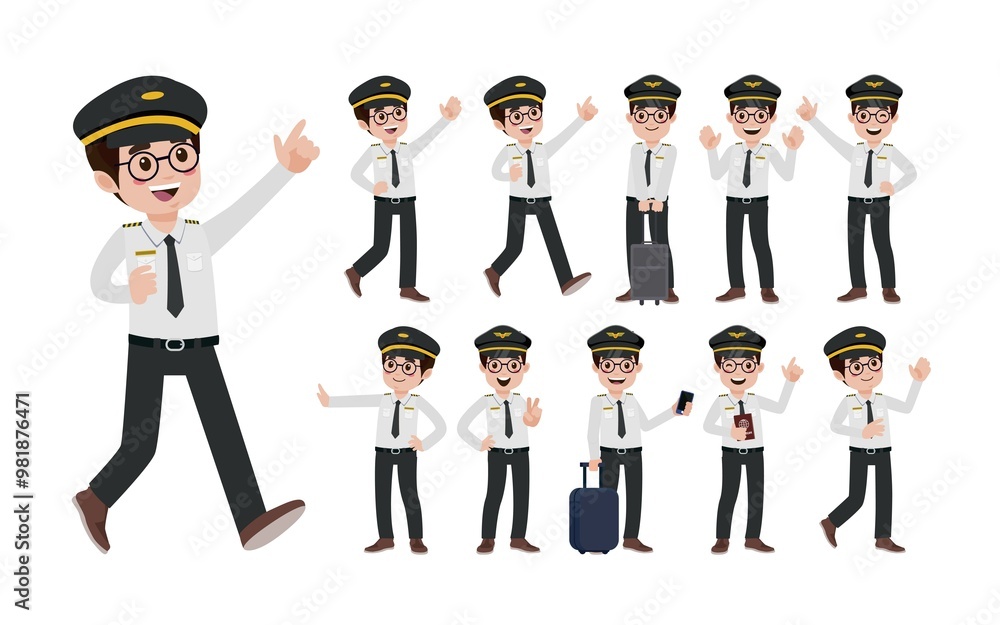 Airline pilot with different poses. vector Airline pilot with different poses. vector