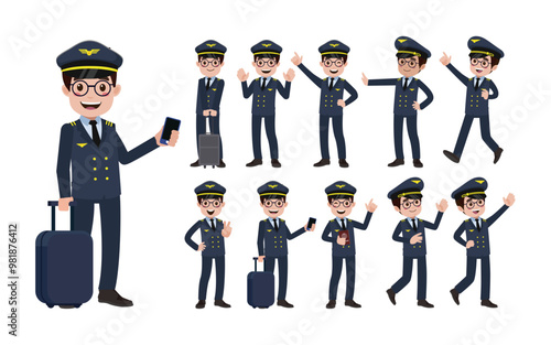 Airline pilot with different poses. vector