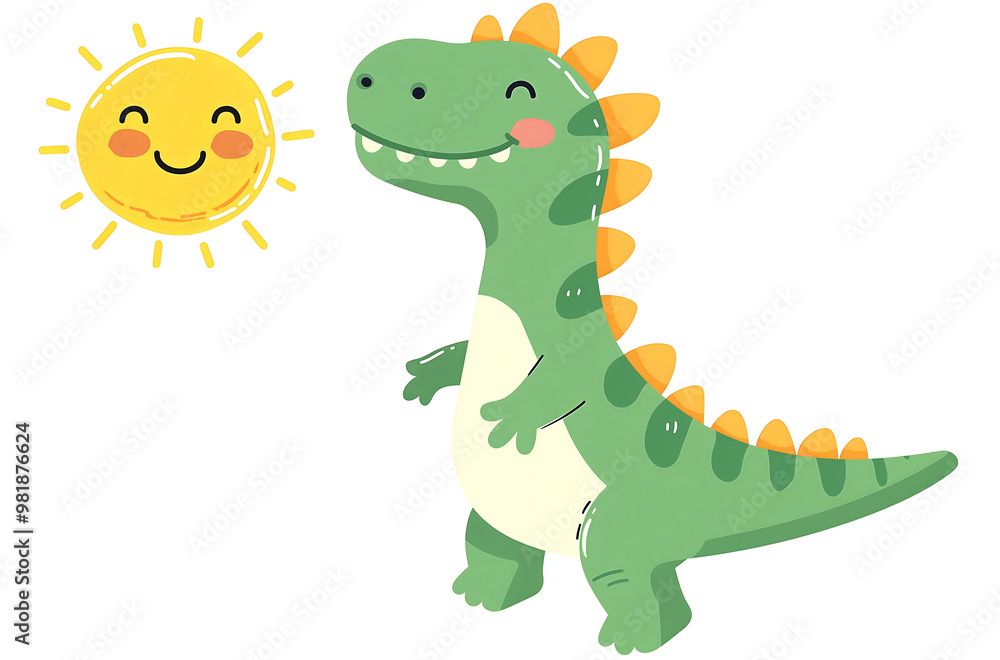 A cute cartoon-style dinosaur with a green body, green spots, and yellow spikes along its back. It has a friendly expression and stubby legs, making it appear playful and fun. A cute cartoon-style dinosaur with a green body, green spots, and yellow spikes along its back. It has a friendly expression and stubby legs, making it appear playful and fun.