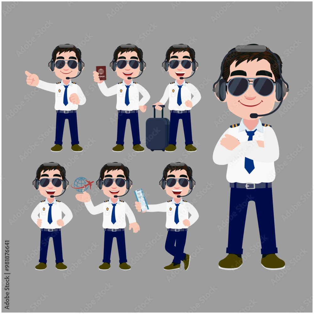 Airline pilot with different poses. vector Airline pilot with different poses. vector