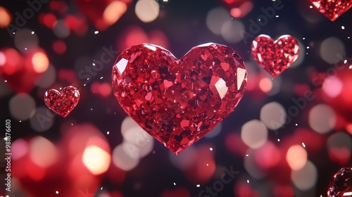 Red Crystal Heart with Bokeh Lights and Confetti