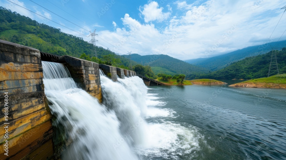 Fototapeta premium Scenic Waterfall Flowing into Serene Mountain Lake