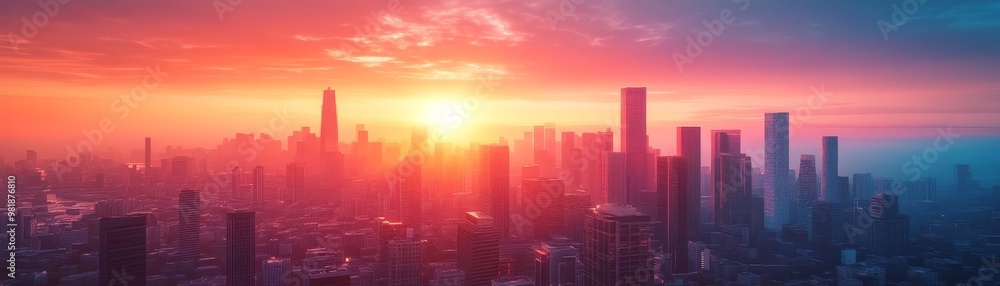 Modern City Skyline at Sunset with Colorful Sky Modern City Skyline at Sunset with Colorful Sky