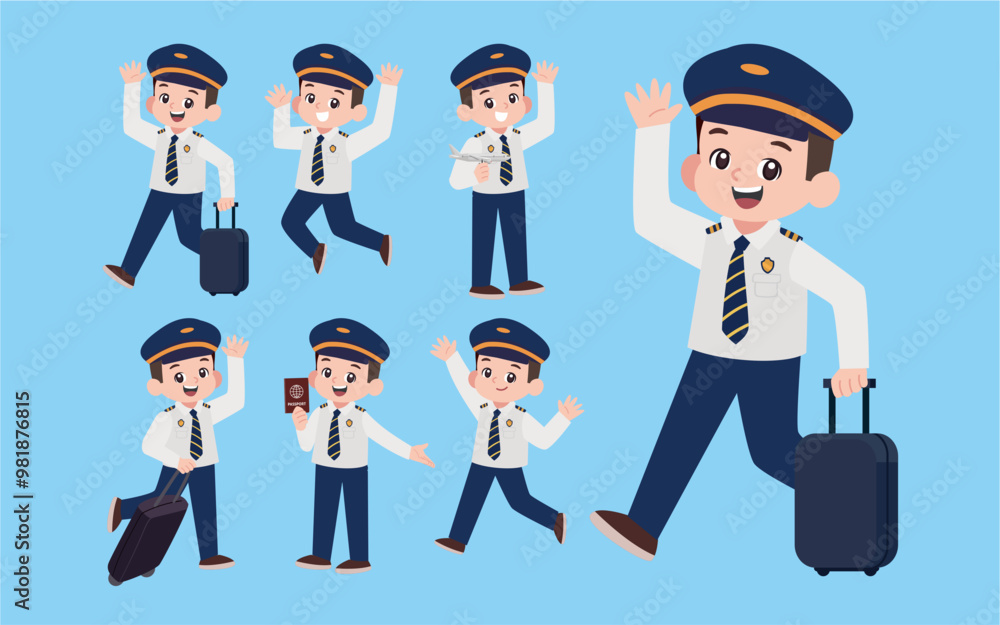 Airline pilot with different poses. vector Airline pilot with different poses. vector