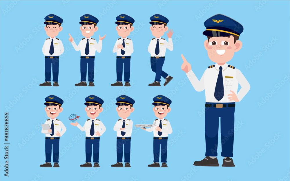 Airline pilot with different poses. vector Airline pilot with different poses. vector