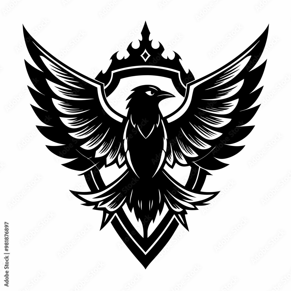 Obraz premium Majestic Black Raven Crest with Detailed Wings and Shield Design