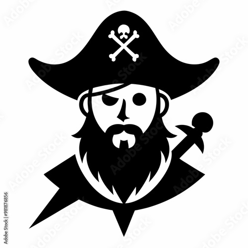 Pirate Emblem Black and White Skull and Crossbones with Eye Patch and Sword Silhouette