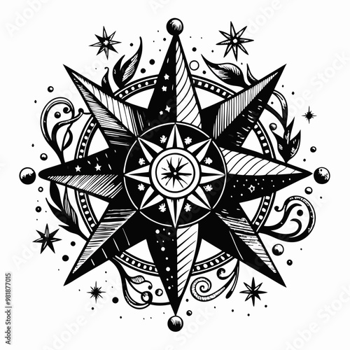 Intricate Black and White Nautical Star with Floral and Celestial Elements