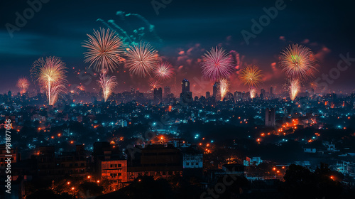 Diwali Fireworks Sky: A night sky filled with colorful fireworks, lighting up a city skyline with diyas flickering on balconies, Diwali