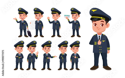 Airline pilot with different poses. vector