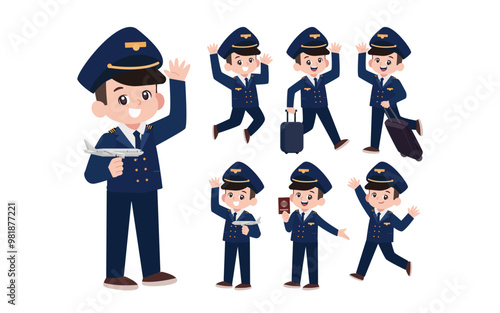 Airline pilot with different poses. vector