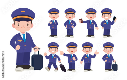 Airline pilot with different poses. vector