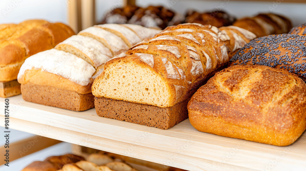 Freshly baked gluten free bread displayed in bakery, showcasing variety of textures and colors. artisan loaves are neatly arranged on wooden shelves, inviting customers to enjoy healthy options Freshly baked gluten free bread displayed in bakery, showcasing variety of textures and colors. artisan loaves are neatly arranged on wooden shelves, inviting customers to enjoy healthy options