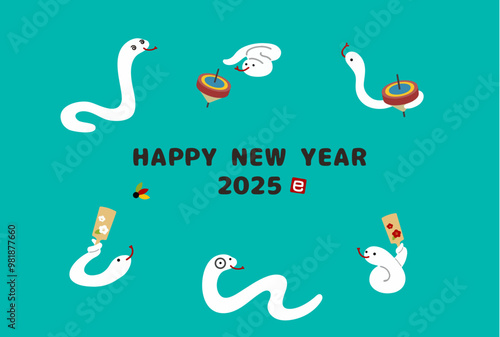 Illustration of a snake playing cheerfully next to a New Year's card, 2025.
