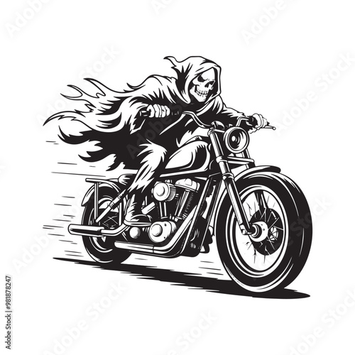Skull Rider on Chopper Motorcycle, Skull Biker Vector Design