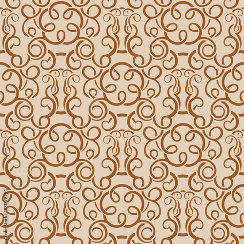 A repeating floral pattern featuring intricate swirls and curves in brown on a light background, suitable for textiles or wallpaper.